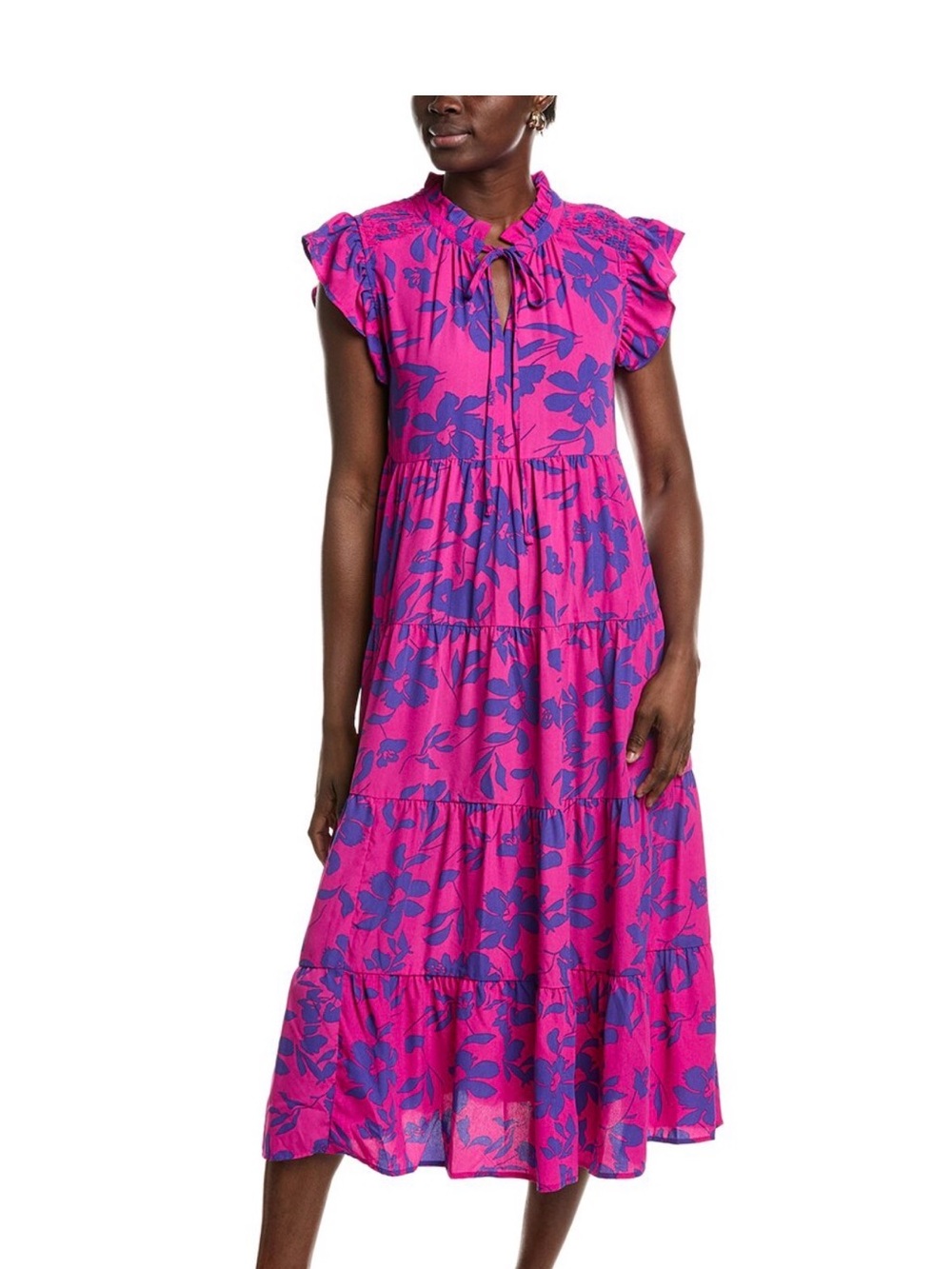 NWT Ipponelli Pink Purple Floral Tiered Midi Dress S Ruffle Sleeve Resort Vacay